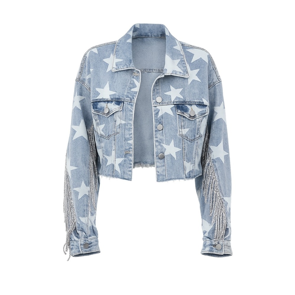 Baevely Star Print Cropped Denim Jacket Rhinestone Fringe Blue BJ1174 Large